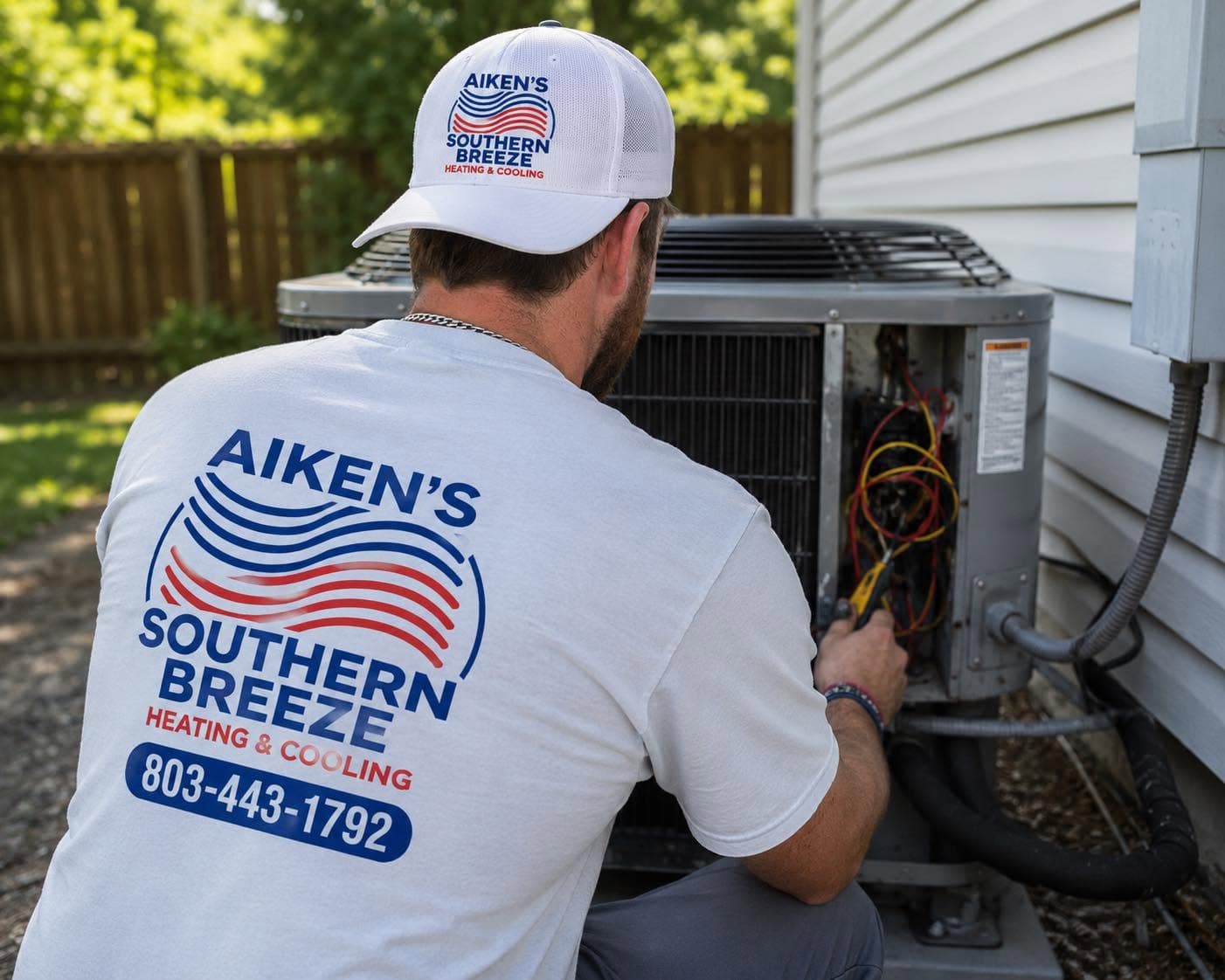 Southern Breeze technician in a branded shirt servicing an outdoor AC unit beside an Aiken home